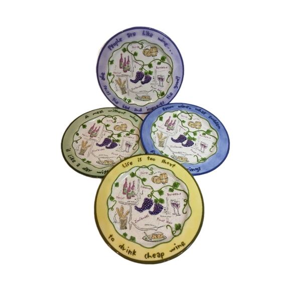 Rene Dubois Napa Valley Wine Trail 4 Salad Plates Quotes Grapes Cheese Wine - Picture 6 of 7